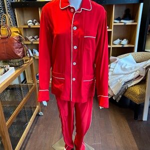 Olatz, Pajama Set, Bright Red with White Piping, 100% Silk